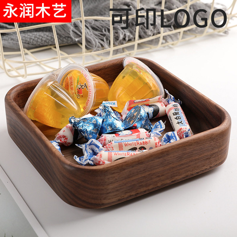 直销黑胡桃木质方形干果盘桌面收纳盒餐厅实木茶点零食水果托盘