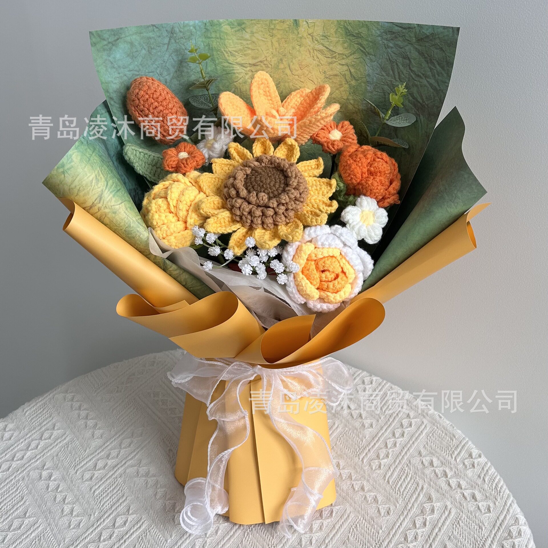 跨境向日葵梵高莫奈仿真花花束手工毛线花束成品礼物手捧花