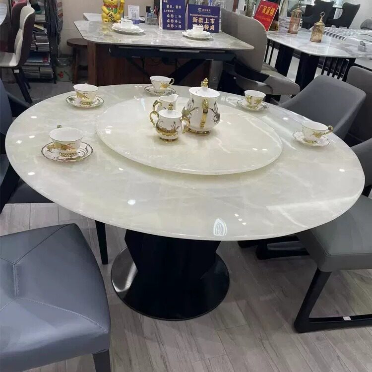 天然大理石餐桌圆桌现代简约饭桌圆形小户型吃饭家用桌子客厅转盘