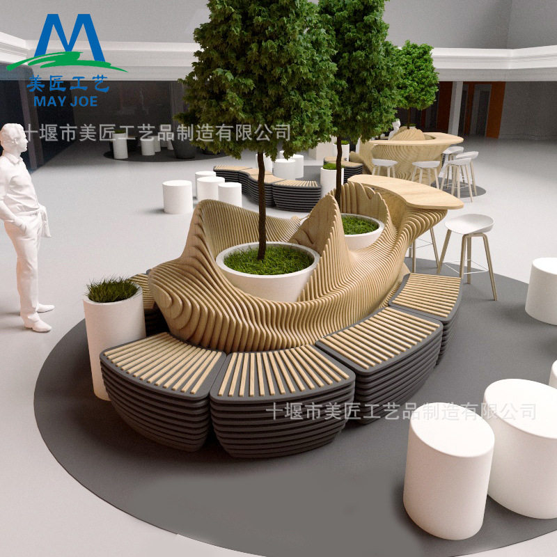 户外实木切片座椅异形长条凳防腐木坐凳公园木质休闲椅商场休息椅