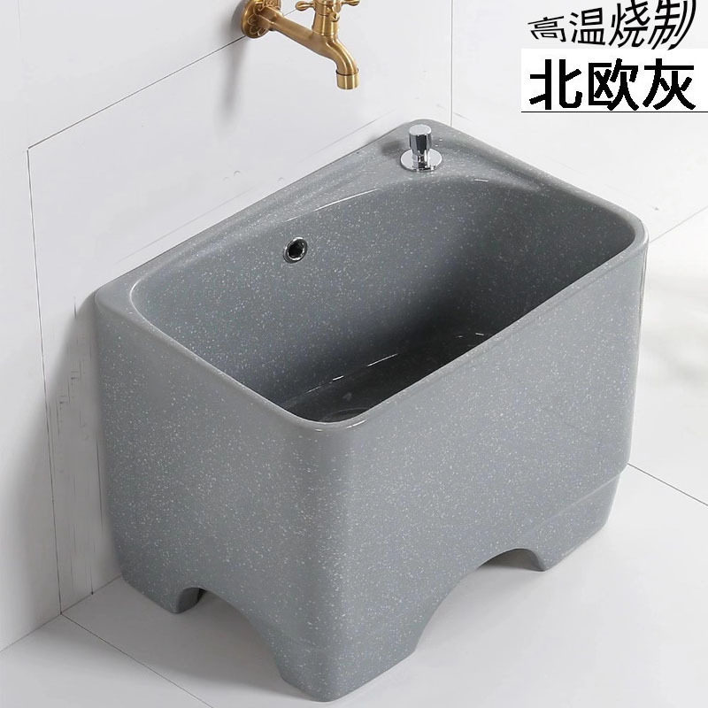 色釉灰色拖布池黑墨绿色带四脚拖布池陶瓷拖布桶台控脚踢控拧水巢