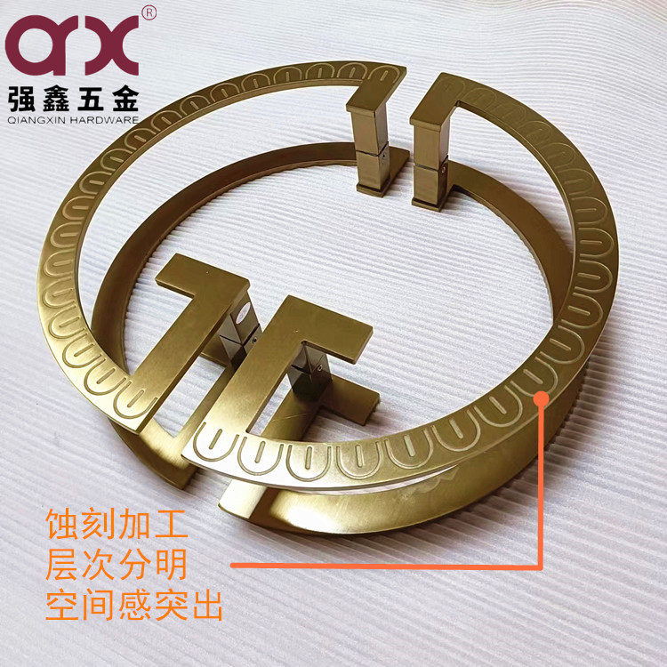 新中式不锈钢实心金色环形T字玻璃门拉手金属装饰门把手花纹订置