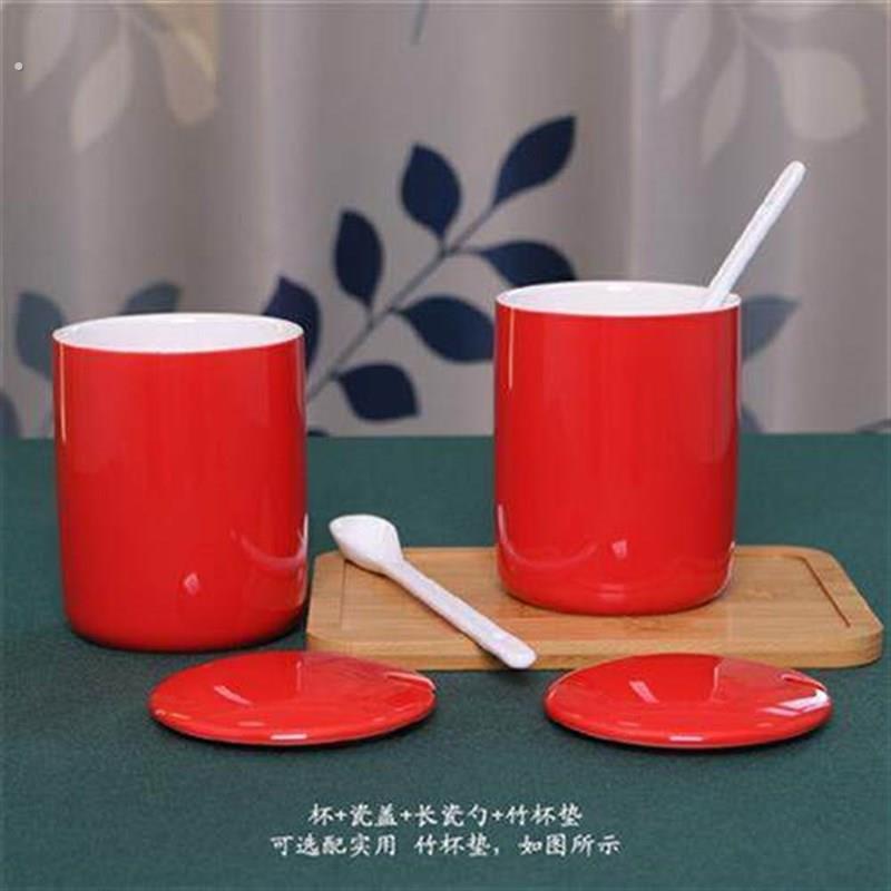 无手把亮红色陶瓷杯家用办公室简约马克杯带盖子子勺酒店饭厅待客