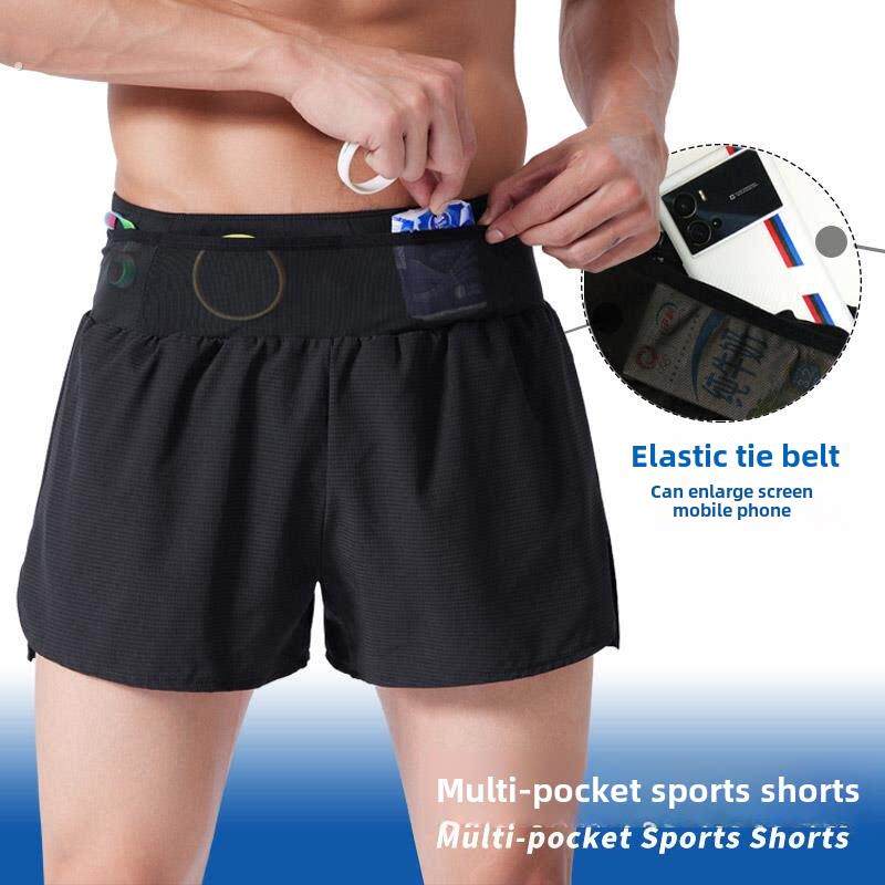 男子运动短裤，轻型弹性多口袋马拉松跑田径专业训练内衬三分之一