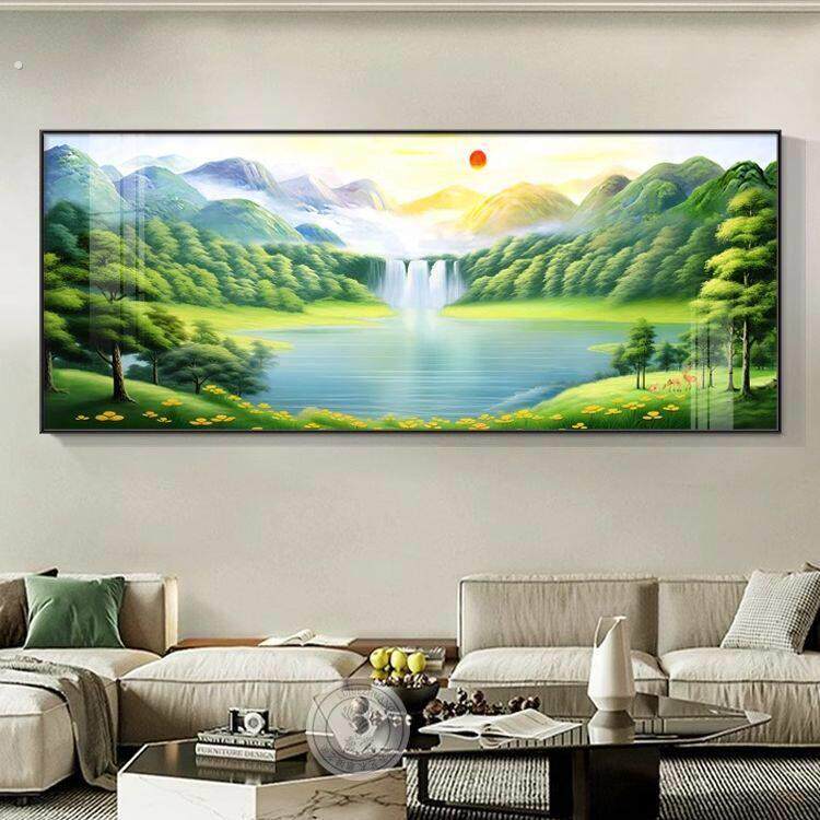 流水生财客厅挂画沙发背景墙挂画晶瓷装饰画办公室迎客松山水风景