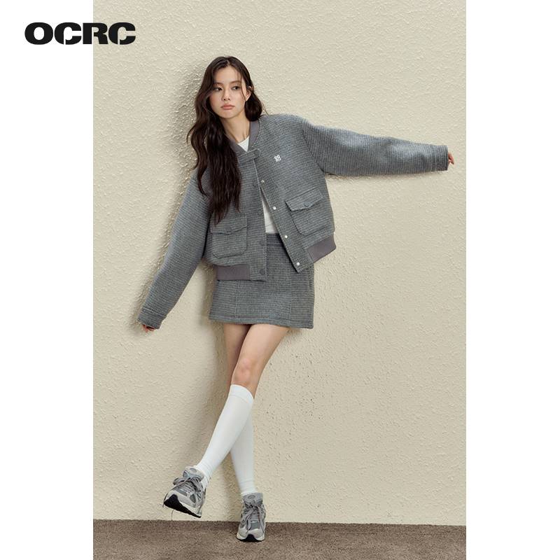 OCRC Official原创长毛尼料棒球服毛呢外套女秋冬高腰a字短裙套装