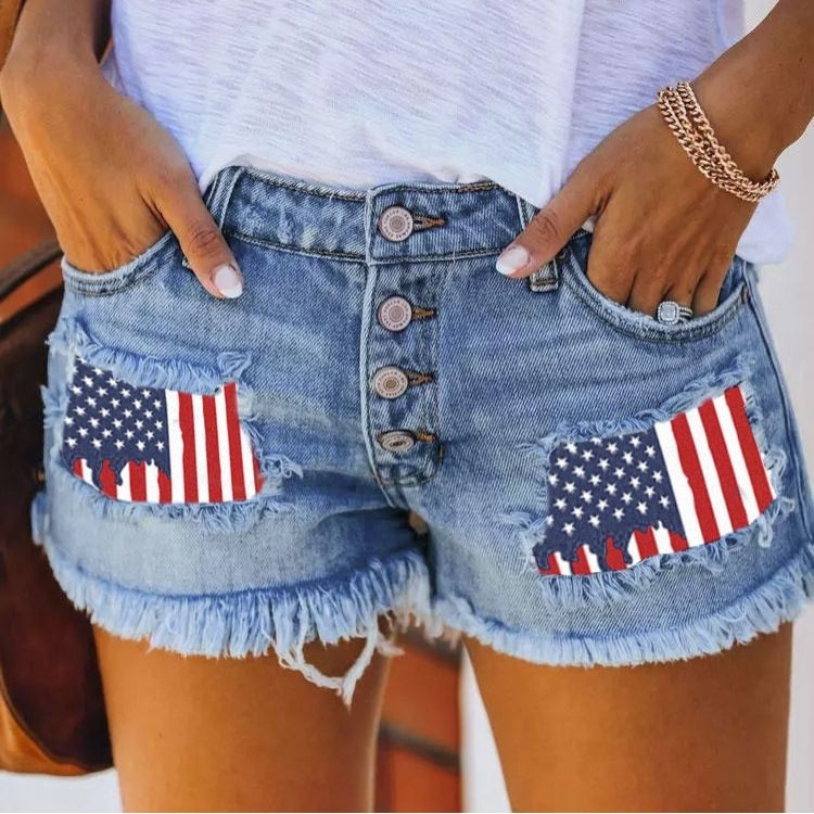 2025年欧美潮流排扣印花贴布牛仔短裤女跨境外贸破洞流苏热裤,女装/女士精品,牛仔裤,淘宝优惠券,粉丝福利购,淘宝优惠卷