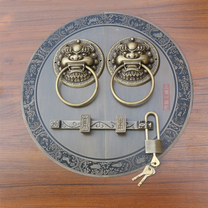 中式仿古大门g拉手纯铜门环狮子头把手圆盘拉环老式铜门栓锁扣插