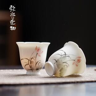 白瓷手绘莲花茶杯手工花口品茗杯家用喝茶杯子单杯聚香闻香杯