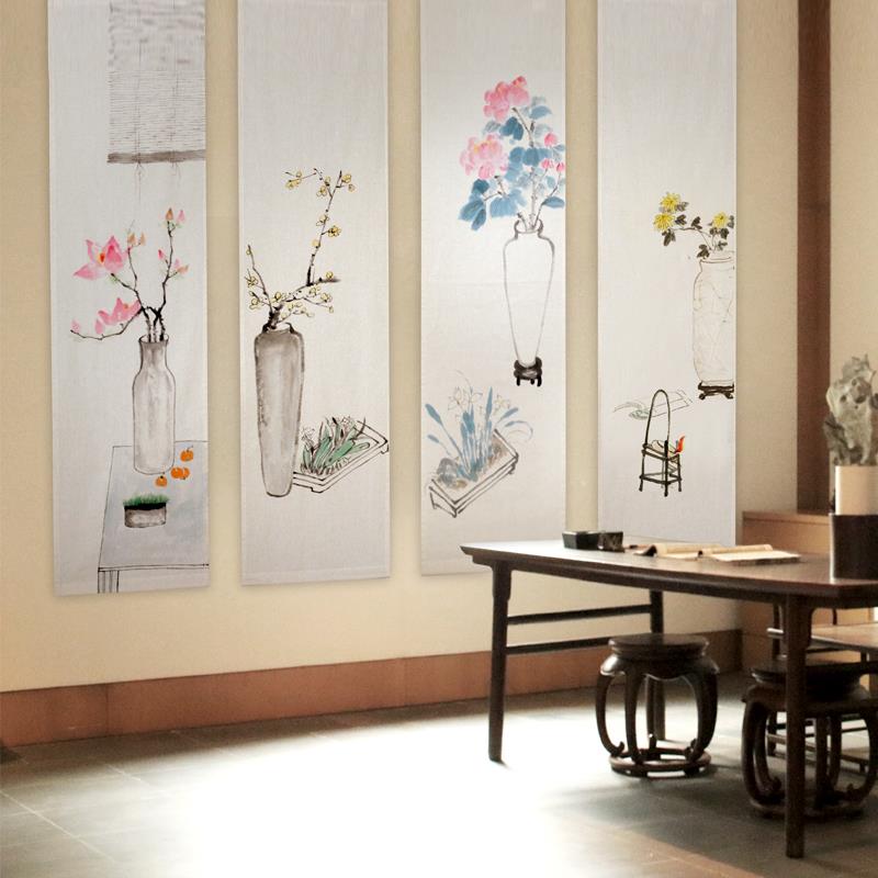 原创手绘新中式装饰画 禅意布艺画茶室客厅书房壁画国画清供图图片