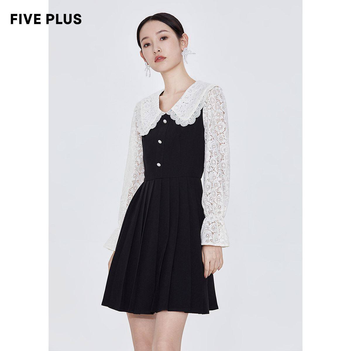 FIVE PLUS秋季新款法式复古连衣裙女蕾丝娃娃领荷叶袖拼接裙子