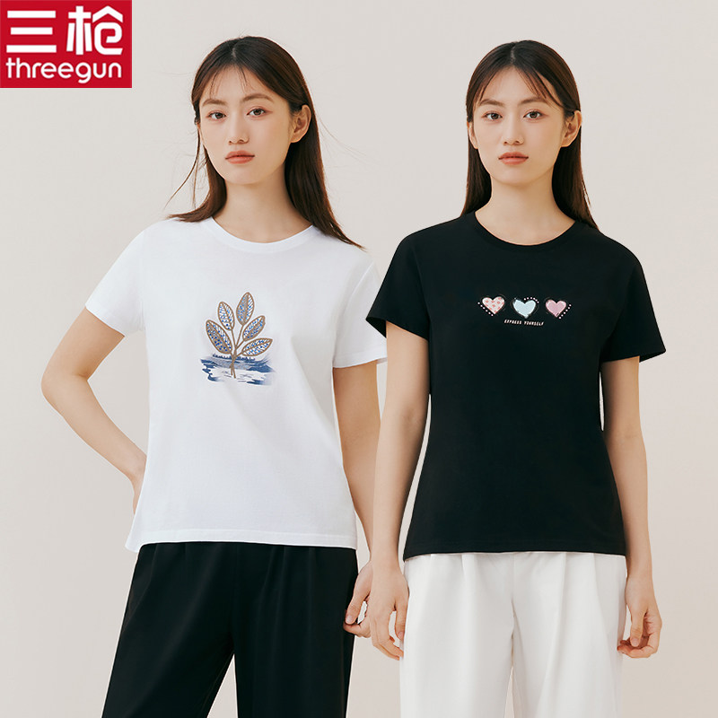 [2件]三枪短袖t恤女纯棉夏季薄款舒适圆领印花运动上衣女士打底衫