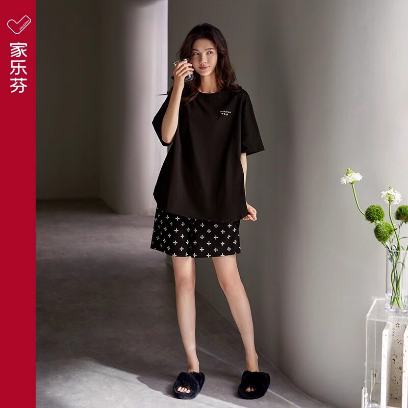 家乐芬睡衣女士夏季夏款莫代尔短袖短裤家居服休闲可外穿出门黑色