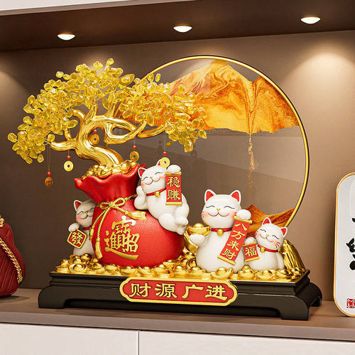 新中式高档发财树流沙画招财猫摆件客厅电视柜店铺装饰品乔迁礼物