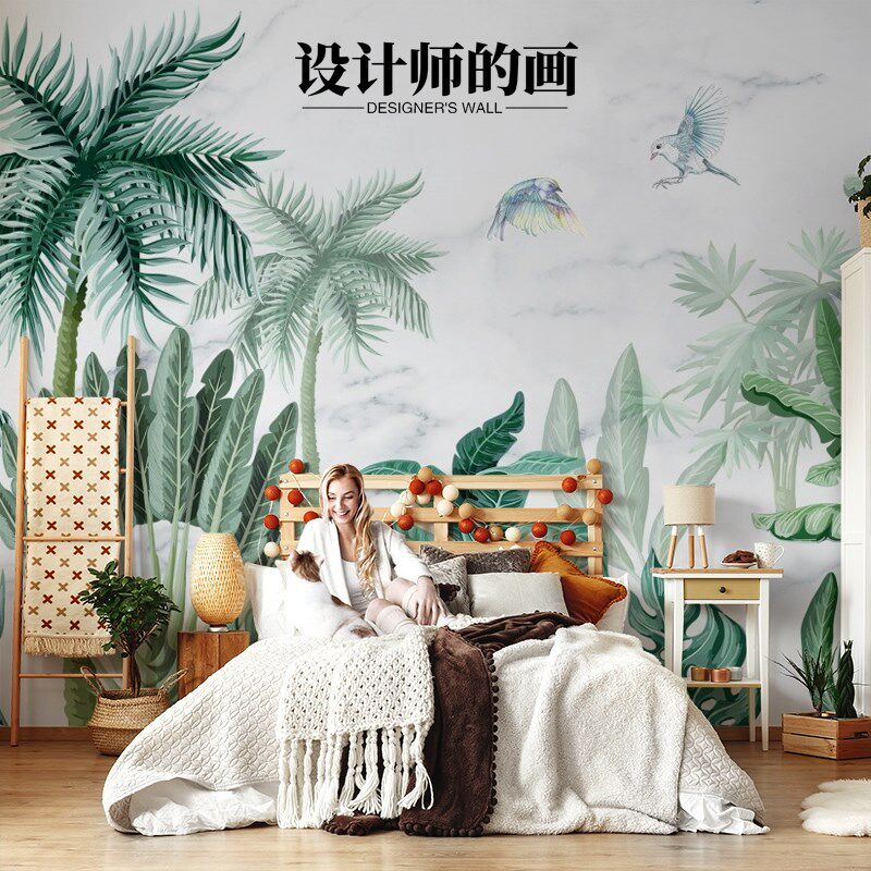 东南亚手绘热带植物艺术壁纸沙发电视背景墙壁布无缝高级感背景布