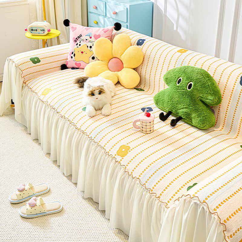 法式裙边沙发巾沙发盖布四季通用防滑防猫抓沙发毯奶油风坐垫套罩