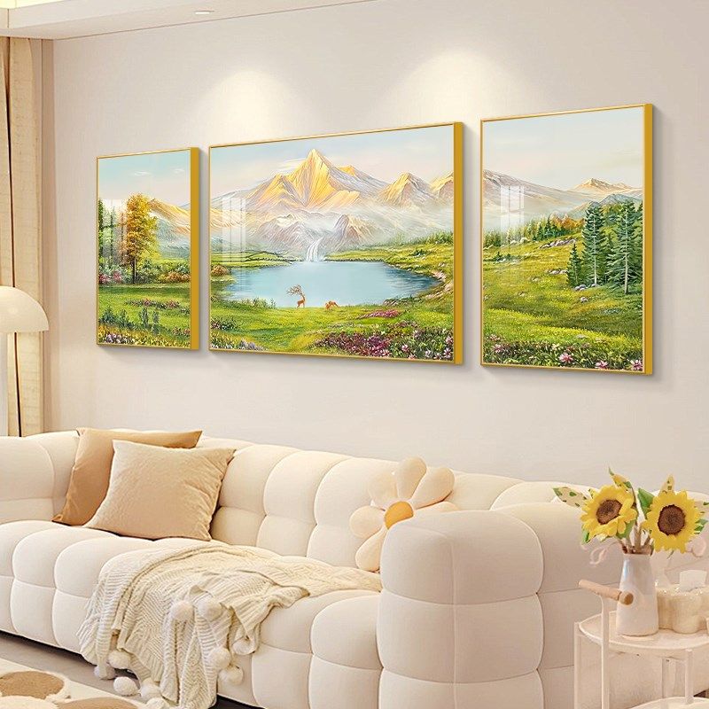 金山聚宝盆客厅装饰画山水油画沙发背景墙2025新款玄关挂画三联画,家居饰品,现代装饰画,淘宝优惠券,粉丝福利购,淘宝优惠卷
