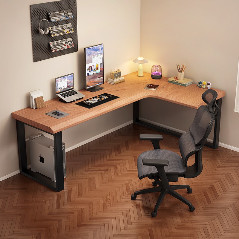 实木转角电脑桌板L型加厚书桌y书架一体双人办公桌洞洞板异形定制