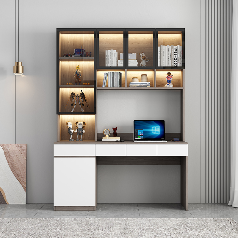 双人书桌学生家用电脑桌卧室台式轻奢书架一O体写字桌实木学习桌