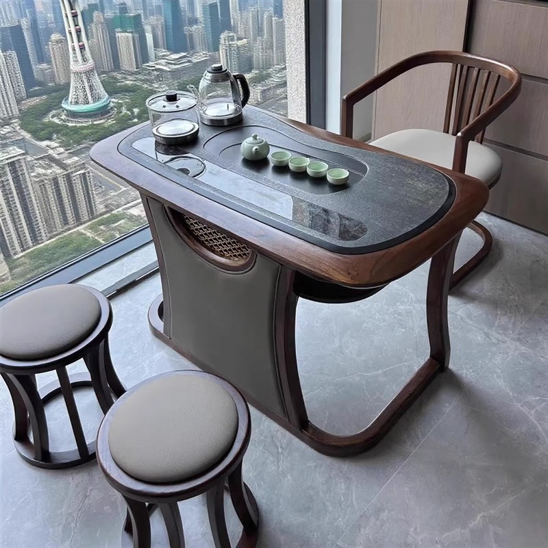 新中式新款阳台茶桌椅组合客厅家用黑胡桃木O泡茶桌简约办公室茶