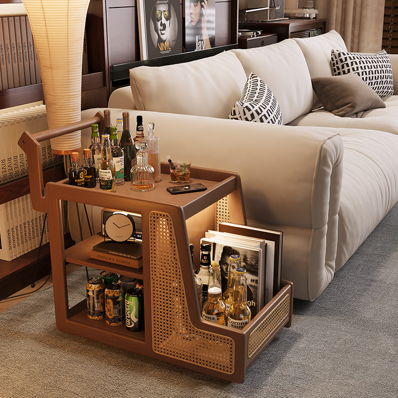 实木边几小推f车沙发边柜侧边柜小茶几餐车可移动复古藤编置物架