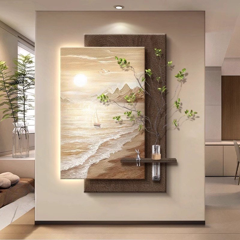 海景玄关侘d寂风装饰画带灯水培绿植客厅走廊过道壁画2025新款挂