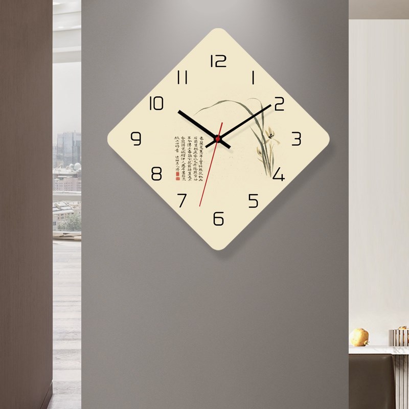 兰花新中式钟表挂钟客厅家用超静音免打孔创意挂墙时钟挂表石英钟