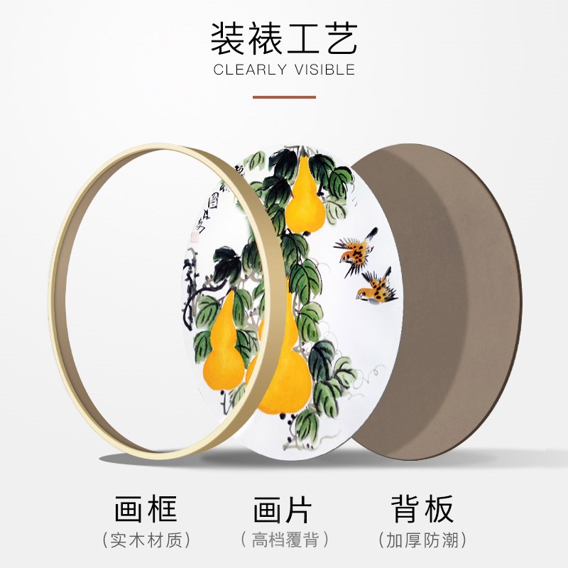 国画牡丹花鸟葫芦手绘餐厅玄关卧室客H厅电表箱装饰圆形新中式挂图片