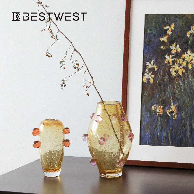 bestwest轻奢北欧风玻璃花瓶摆件客厅插花餐桌玄关高级感玻璃彩色