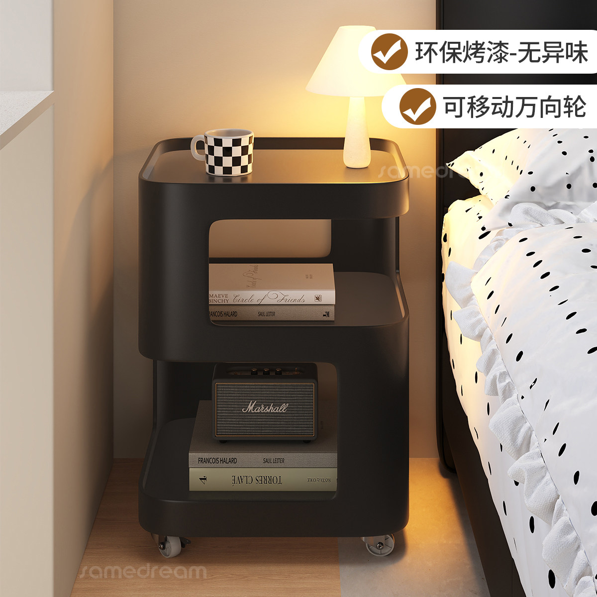 小型铁艺床头柜黑色家用卧室简易可移动带灯创意置物柜替代品边几