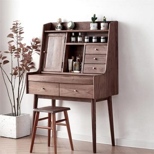 北欧简约黑胡桃木梳妆台日式樱桃木化妆桌橡木全实木多功能储物柜