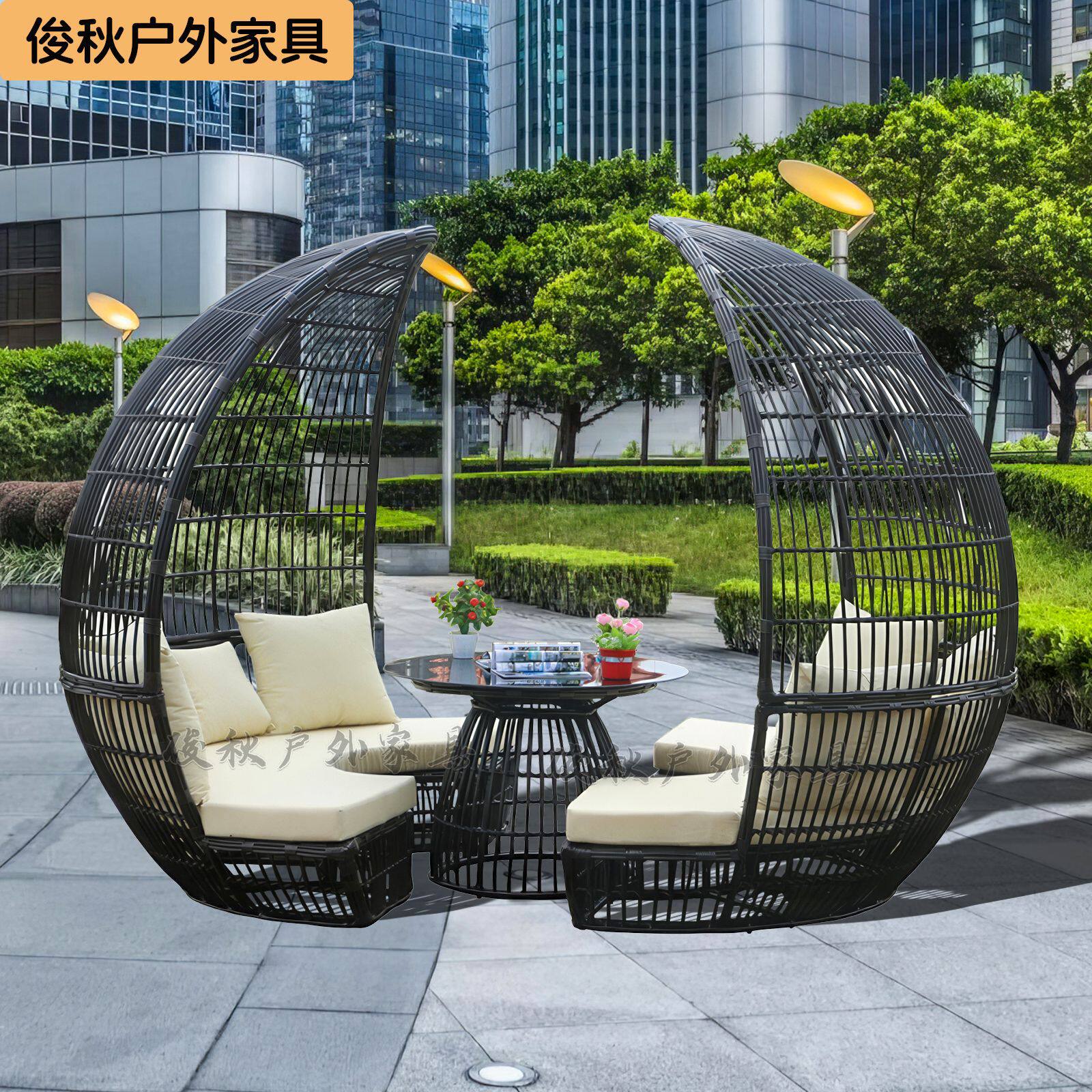 户外高档藤艺别墅家具五金藤沙发躺床藤编织桌椅创意沙滩鸟巢圆床