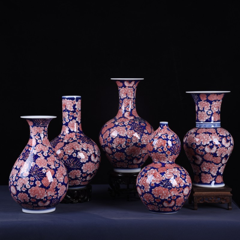 中国风青花瓷釉里红手绘万花瓷瓶装饰品家居客厅瓷器插花摆设批发