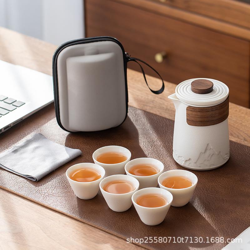 旅行茶具套装便携式陶瓷快客杯一壶六杯户外旅游泡茶装备可刻制