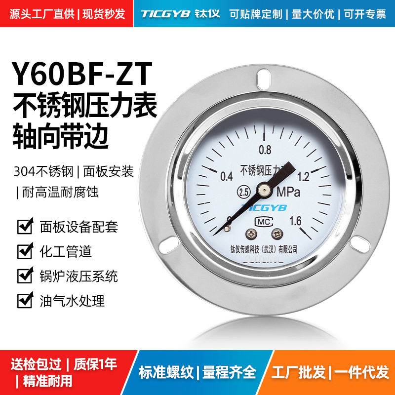 不锈钢压力表轴向带边面板安装