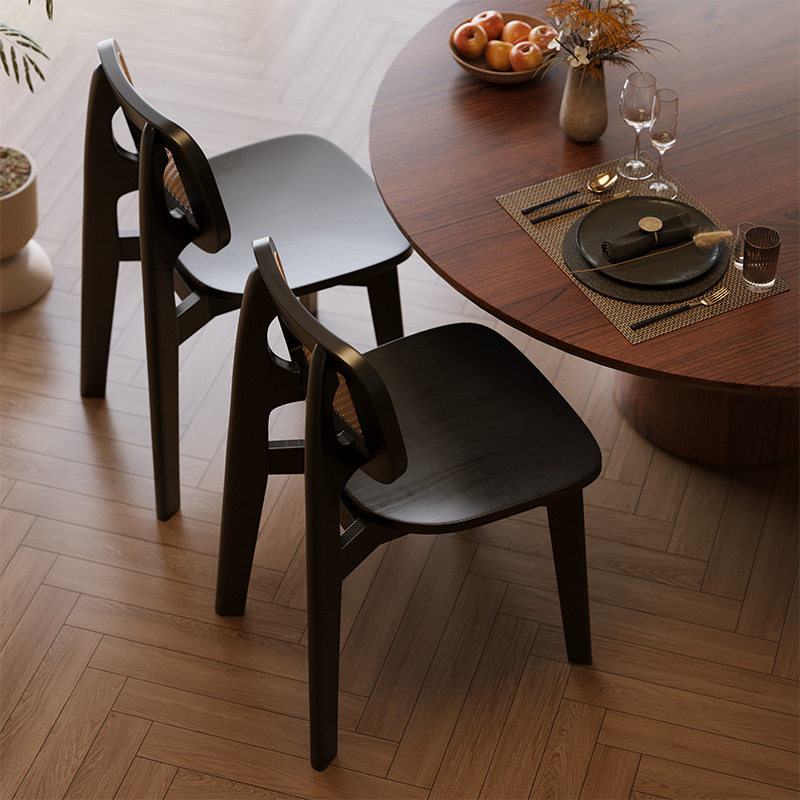 中古藤编餐椅家用北欧靠背椅子现代藤椅复古设计师黑色实木餐桌椅