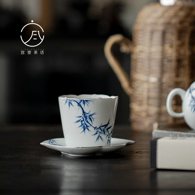 宜室茶话手绘青花竹子陶瓷主人杯带杯垫个人专用精致咖啡杯碟套装