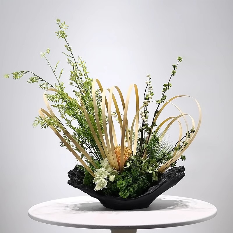 新中式现代仿真绿植花艺竹筏架构玄关城市展厅售楼处酒店前台摆件