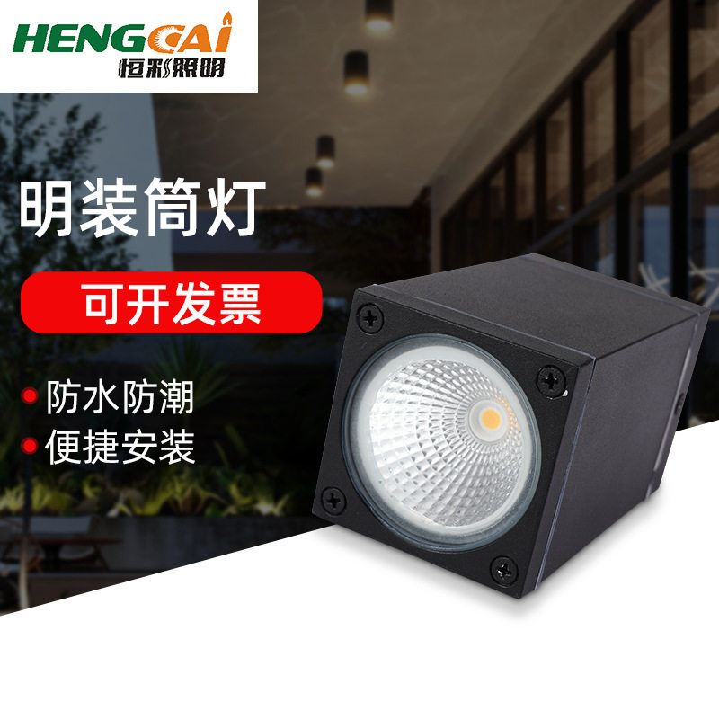 LED户外公园别墅吸顶筒灯 简约方形cob明装天花射灯庭院防水筒灯