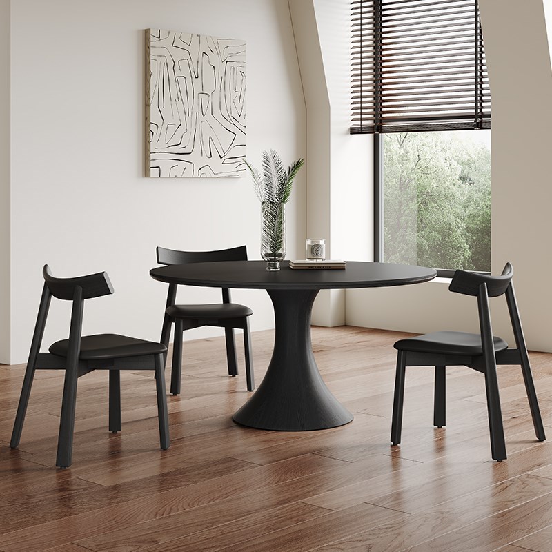 纯黑岩板餐桌圆形现代简约家用小户型2024新款橡木复古.风实木圆