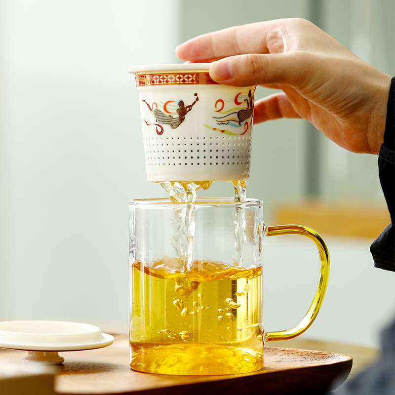 敦煌飞天观山杯玻璃茶杯水杯定loBgo茶水分离泡茶杯大容量带盖过