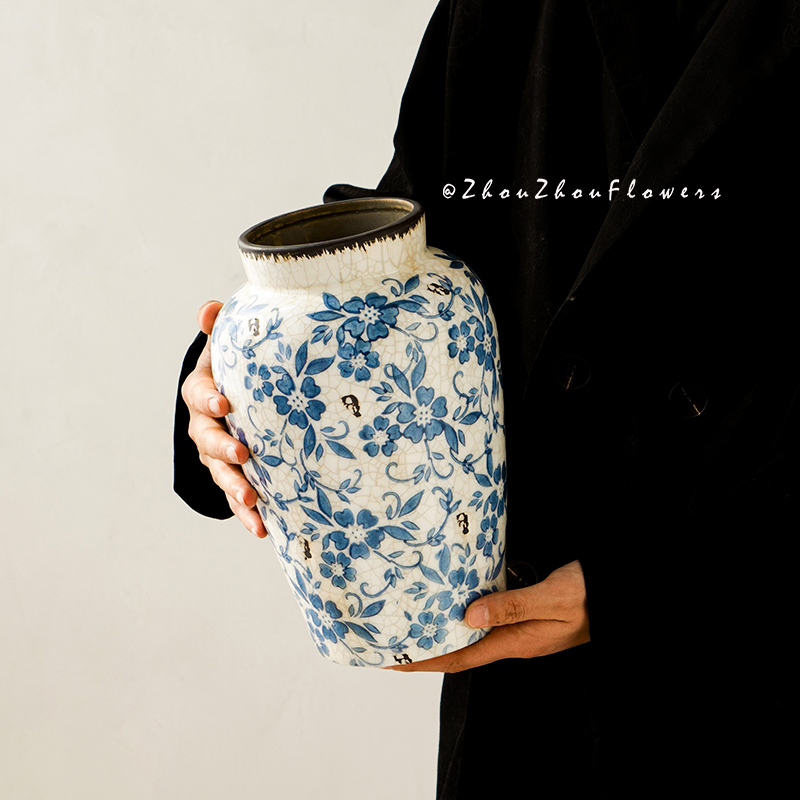 新中式青花瓷陶瓷花瓶客厅复古冰裂纹F摆件高级感仿古插花花瓶花