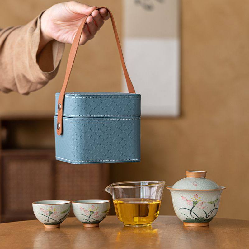 手绘冰裂荷花釉下彩一壶二杯玻璃便携式旅行茶具快客杯功夫套装