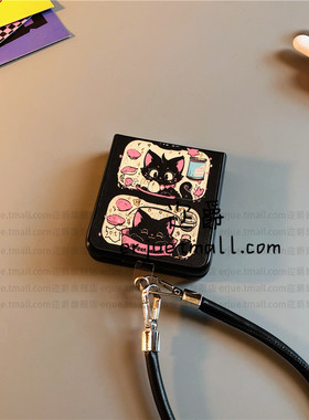 黑粉猫贴适用华为pocket2手机壳purax硬nova三星zflip6 4卡通vivox皮oppofindn3n2女荣耀v小米mix flip绳p50