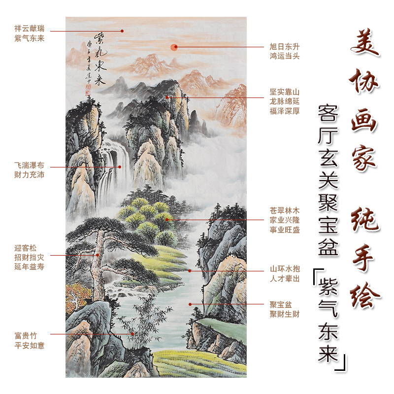 速发紫气东来玄关竖版聚宝盆靠山招财中尺四水画国画纯手工新山式