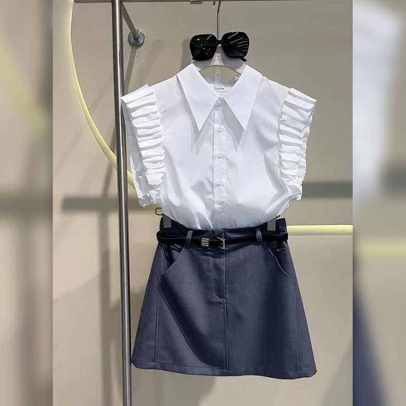 套装女春2025新款爆款高级感POLO领小飞袖白色衬衫蓝色半身裙短裙