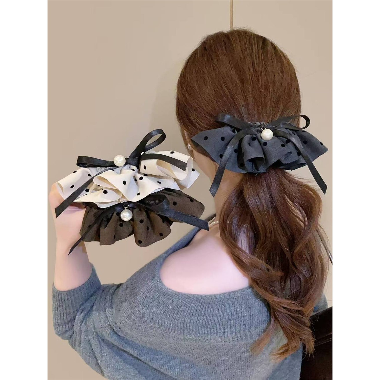 韩系蝴蝶结珍珠花边褶皱