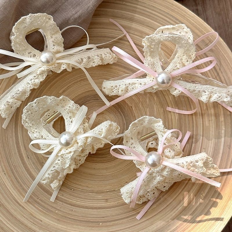 甜美珍珠蝴蝶结抓夹超仙蕾丝设计鲨鱼夹高级高马尾气质顶夹发卡