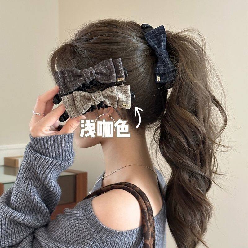 藏蓝色格纹蝴蝶结发夹学院风少女后脑勺盘发一字夹马尾香蕉夹竖夹