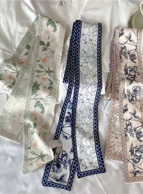 绿色小清新山茶丝巾小长条女细窄编发发带高级感绑包包丝带腰带